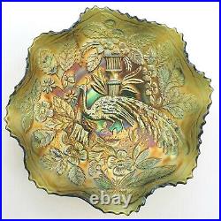 Fenton Peacock and Urn Carnival Glass Bowl Green Iridescent Antique Decorative