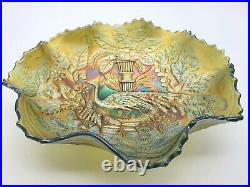 Fenton Peacock and Urn Carnival Glass Bowl Green Iridescent Antique Decorative