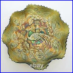 Fenton Peacock and Urn Carnival Glass Bowl Green Iridescent Antique Decorative