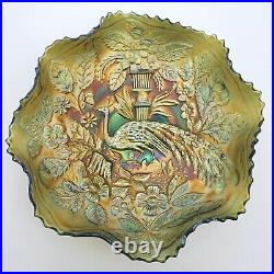 Fenton Peacock and Urn Carnival Glass Bowl Green Iridescent Antique Decorative