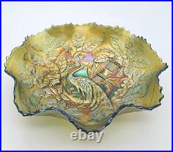 Fenton Peacock and Urn Carnival Glass Bowl Green Iridescent Antique Decorative