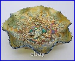 Fenton Peacock and Urn Carnival Glass Bowl Green Iridescent Antique Decorative