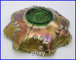 Fenton Peacock and Urn Carnival Glass Bowl Green Iridescent Antique Decorative