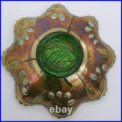 Fenton Peacock and Urn Carnival Glass Bowl Green Iridescent Antique Decorative