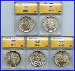 Fiv1883-O, 1884-O, 1885-O, 1886 And 1896 $1 Morgan Silver Dollar All ANACS MS 63
