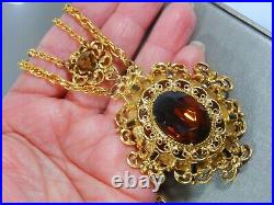 Florenza Large Amber Topaz Black Crystal Rhinestone Gold Tone Festoon Neckla Ce