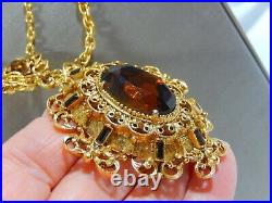 Florenza Large Amber Topaz Black Crystal Rhinestone Gold Tone Festoon Neckla Ce