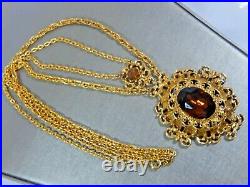 Florenza Large Amber Topaz Black Crystal Rhinestone Gold Tone Festoon Neckla Ce