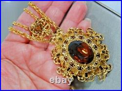 Florenza Large Amber Topaz Black Crystal Rhinestone Gold Tone Festoon Neckla Ce