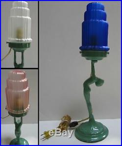 Frankart art deco standing lamp up stretched arms greenie all metal & glass USA