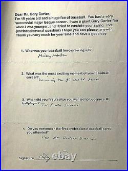 Gary Carter Rare Orig. Signed/heavily All Hand Inscribed Completed Questionnaire