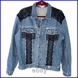 Guess Womens Jacket Blue Size Medium Unisex Vintage Upcycled Denim Cotton Lace