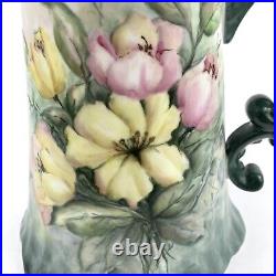 Hand Painted Pitcher Vintage Wildflowers Tankard Green Pink Yellow Signed