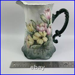 Hand Painted Pitcher Vintage Wildflowers Tankard Green Pink Yellow Signed