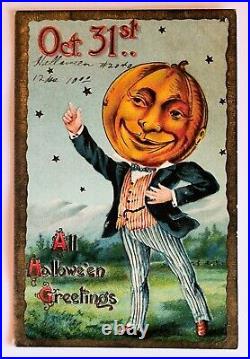 Happy Halloween All Hallowe'en Greetings Oct 31st Pumpkin Head Postcard A1