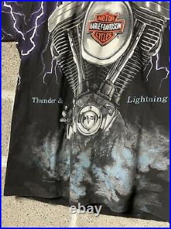 Harley Davidson Vintage 90's Thunder & Lightning All Over Print T-Shirt Medium
