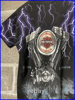 Harley Davidson Vintage 90's Thunder & Lightning All Over Print T-Shirt Medium