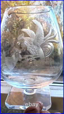 Large Hand Blown Glass Brandy Snifter Pouring Spout Cut Etched Fighting Cocks