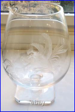 Large Hand Blown Glass Brandy Snifter Pouring Spout Cut Etched Fighting Cocks