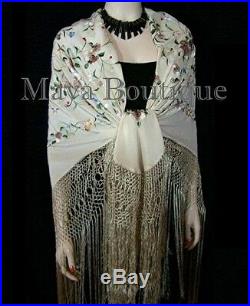 Maya Matazaro Flamenco Embroidered Silk Piano Shawl Wrap Fringed Scarf Beige 84