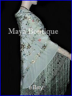 Maya Matazaro Flamenco Embroidered Silk Piano Shawl Wrap Sage Green 84