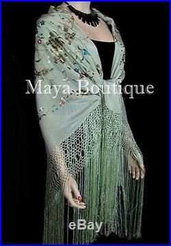 Maya Matazaro Flamenco Embroidered Silk Piano Shawl Wrap Sage Green 84