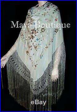 Maya Matazaro Flamenco Embroidered Silk Piano Shawl Wrap Sage Green 84