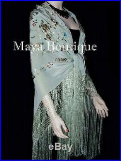 Maya Matazaro Flamenco Embroidered Silk Piano Shawl Wrap Sage Green 84