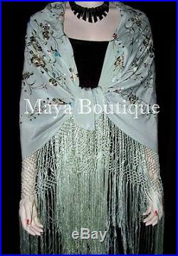 Maya Matazaro Flamenco Embroidered Silk Piano Shawl Wrap Sage Green 84