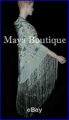 Maya Matazaro Flamenco Embroidered Silk Piano Shawl Wrap Sage Green 84