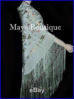 Maya Matazaro Flamenco Embroidered Silk Piano Shawl Wrap Sage Green 84