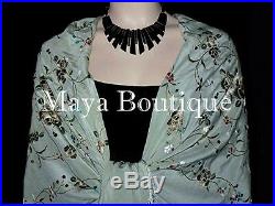 Maya Matazaro Flamenco Embroidered Silk Piano Shawl Wrap Sage Green 84