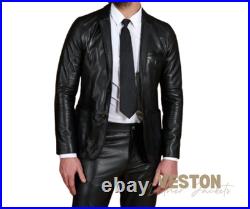 Men's Black Blazer Jacket, Genuine Lambskin Leather, Two Buttons, Slim Fit