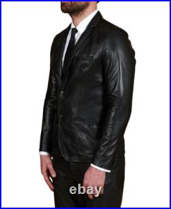 Men's Black Blazer Jacket, Genuine Lambskin Leather, Two Buttons, Slim Fit