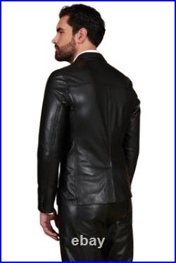 Men's Black Blazer Jacket, Genuine Lambskin Leather, Two Buttons, Slim Fit