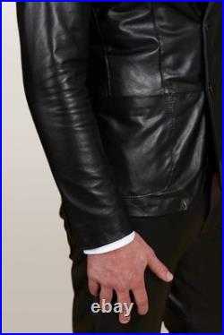 Men's Black Blazer Jacket, Genuine Lambskin Leather, Two Buttons, Slim Fit