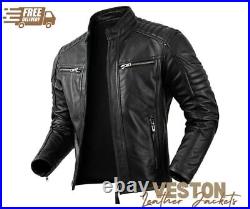 Men's Genuine Black Leather Biker Motorcycle Jacket Caferacer Quilted Style