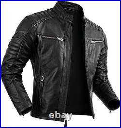 Men's Genuine Black Leather Biker Motorcycle Jacket Caferacer Quilted Style