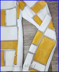 NATTO Womens Small White Yellow Lamb Leather Jacket Luxury Wearable Art Sheer
