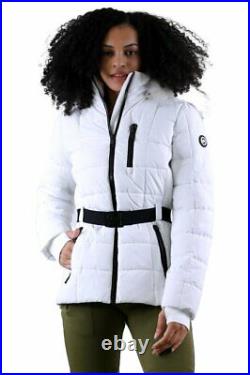 NWT Michael Kors Faux Fur Hooded Coat Jacket White MK Belted Size Large