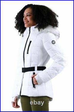 NWT Michael Kors Faux Fur Hooded Coat Jacket White MK Belted Size Large