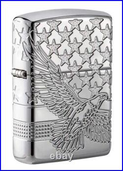 New ZIPPO Lighter EAGLE STARS AMERICAN FLAG All Round Carved Brilliant Chrome