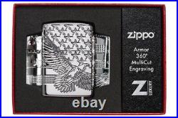 New ZIPPO Lighter EAGLE STARS AMERICAN FLAG All Round Carved Brilliant Chrome