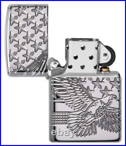 New ZIPPO Lighter EAGLE STARS AMERICAN FLAG All Round Carved Brilliant Chrome