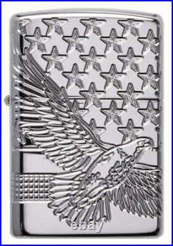 New ZIPPO Lighter EAGLE STARS AMERICAN FLAG All Round Carved Brilliant Chrome