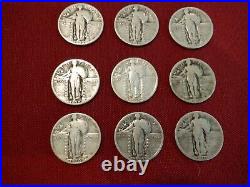 Nine 9 1930-P Standing Liberty Quarters All Readable, All Circulated