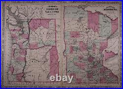 Old 1866 Johnson Atlas Map WASHINGTON TERRITORY OREGON MINNESOTA Free S&H