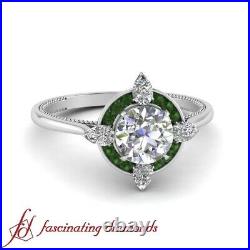 One Carat Round Cut Diamond & Emerald Gemstone Plain Shank Halo Engagement Ring