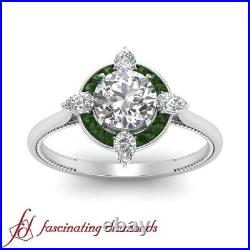 One Carat Round Cut Diamond & Emerald Gemstone Plain Shank Halo Engagement Ring