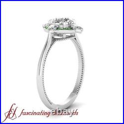 One Carat Round Cut Diamond & Emerald Gemstone Plain Shank Halo Engagement Ring